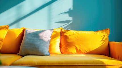 A bright yellow sofa adorned with colorful pillows casts a blue shadow on a sunny day