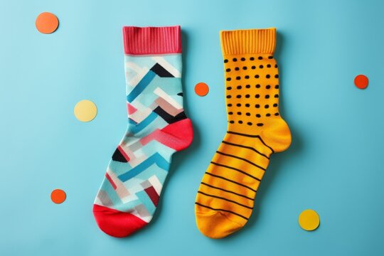 Two different mismatched socks on light blue background. Day of colorful socks. A day of weird socks versus bullying. Day of unpaired socks, awareness of Down syndrome.