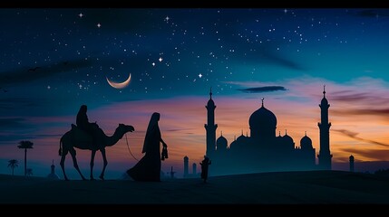 Silhouette of Arab family and camel walking, Islamic mosque at night with crescent moon