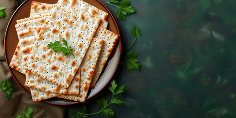 Jewish holiday Passover concept with matzah and copy space. Top view, flat lay.