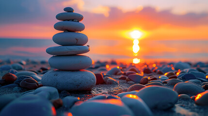 Perfect balance of stack of pebbles at seaside towards sunset. Concept of balance, harmony and meditation. Helping or supporting someone for growing or going higher up. generative ai
 - obrazy, fototapety, plakaty