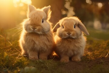 two cute American Fuzzy Lop rabbit, funny bunny on the grass.