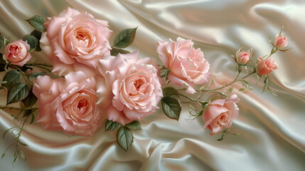 pink roses on soft silk, generative ai