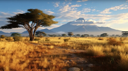 Fototapeta na wymiar Dry African savanna in the afternoon on Mount Kilimanjaro