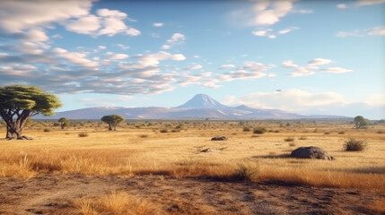 Dry African savanna in the afternoon on Mount Kilimanjaro