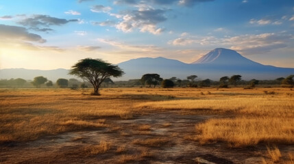 Dry African savanna in the afternoon on Mount Kilimanjaro