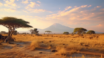 Fototapeta na wymiar Dry African savanna in the afternoon on Mount Kilimanjaro
