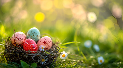Nest with easter eggs in grass on a sunny spring day - Easter decoration, banner, panorama, background. Generative AI
