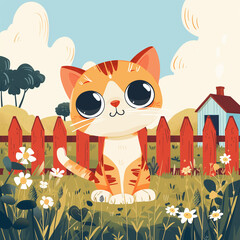 Cute drawn red fur kitten sitting in a field near a farm. Cute and simple book illustration.