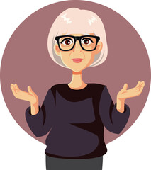 Mature Woman Shrugging feeling Undecided Vector Cartoon Character. Funny granny having uncertain but positive attitude 
