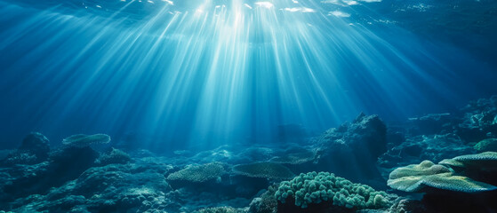 Fototapeta na wymiar Underwater seascape with sun rays and coral reef. 