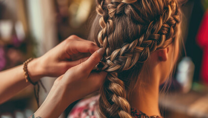 Professional stylist braiding woman’s hair in salon