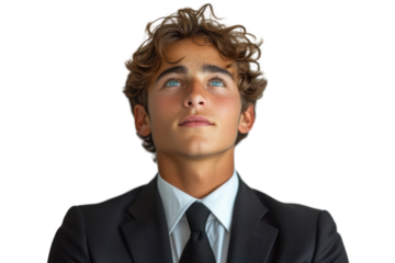 Handsome young man wearing a suit and tie, hugging his chest, looking off to the side, isolated on transparent background