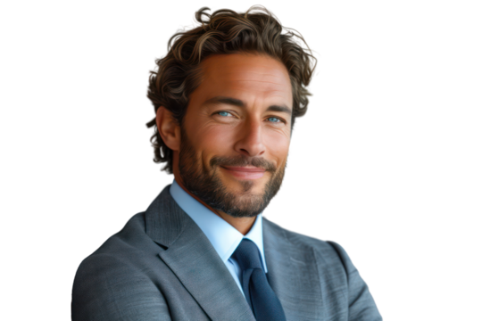 Smiling male businessman in suit. Isolated on transparent background. - Powered by Adobe