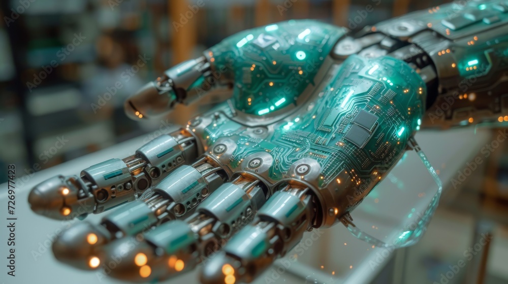 Poster a highly detailed robotic arm showcasing intricate circuitry and lights, possibly representing advan