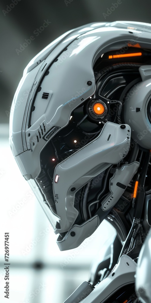 Poster a highly detailed, futuristic robot with a sleek design featuring a glowing orange eye and intricate