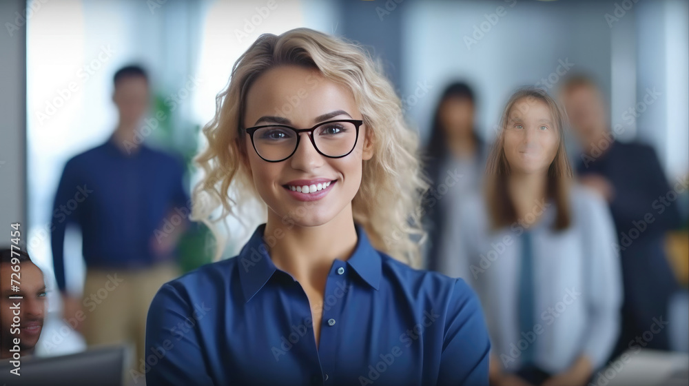 Wall mural Attractive and confident smiling professional woman posing in her business office with her colleagues