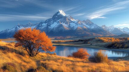 A majestic snow-capped mountain overlooks an autumnal scene with trees, a calm lake, and golden grasses., generative ai