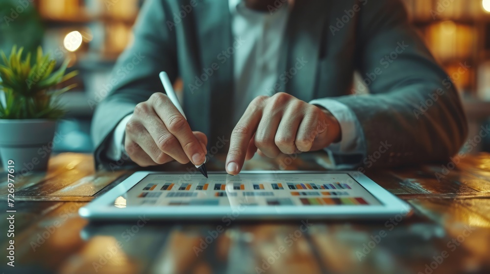 Poster a person in a suit is using a stylus on a digital tablet, possibly working., generative ai