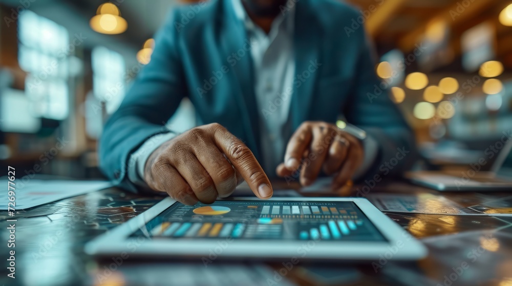Poster a person in a suit is analyzing data on a tablet in a modern office setting., generative ai