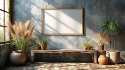 A rustic room with plants, a bench, earthen pots, and a blank picture frame on a wall., generative ai