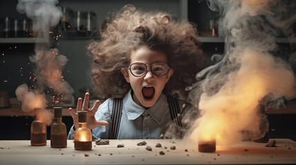 Funny little girl engages in laboratory experiments. Explosion in the laboratory. Generative AI. - obrazy, fototapety, plakaty