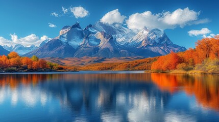 Obraz premium A serene lake reflecting snow-capped mountains amidst vibrant autumn foliage under a clear blue sky., generative ai
