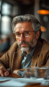 A mature man with glasses and a beard, wearing a coat, sits at a table indoors., generative ai