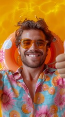 A smiling person with orange sunglasses, floral shirt, and water droplets, against a bright orange background., generative ai