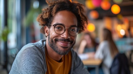 A smiling person with glasses, sitting inside, possibly a cafe, with colorful lights and people in background., generative ai