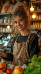 Obraz premium A smiling woman wearing an apron stands at a cozy, well-lit store with fresh produce around., generative ai