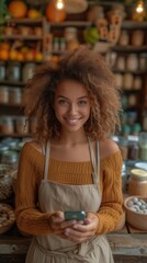 A smiling woman in an apron holding a smartphone stands in a cozy, rustic kitchen environment., generative ai