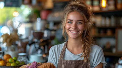 A smiling woman in an apron stands in a cozy café surrounded by fruit and decor., generative ai