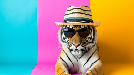 tiger sunglasses and summer hat in studio with a colorful and bright background. AI Generative