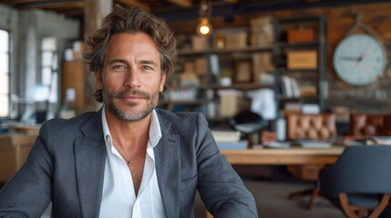 Fototapeta premium A well-dressed man with gray hair smiles, seated in a modern office with warm lighting., generative ai