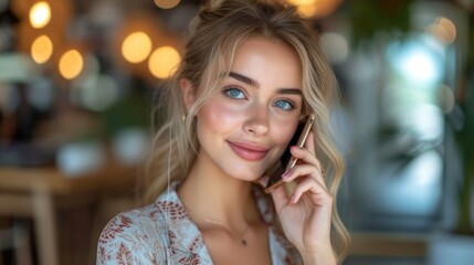 A woman with blonde hair, blue eyes, talking on a cellphone, in a well-lit indoor space., generative ai