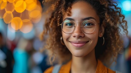 Fototapeta premium A woman with curly hair and glasses smiles warmly, bokeh lights softening the blurry background ambiance., generative ai