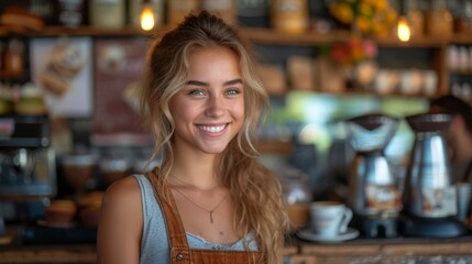 A young woman with a joyful smile stands in a cozy cafe filled with coffee equipment., generative ai