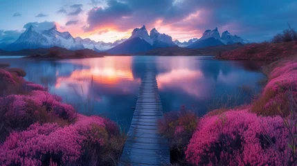 Foto op Plexiglas A wooden walkway leads to a calm lake surrounded by pink flora with majestic mountains beyond., generative ai © TheGoldTiger