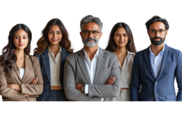 Portrait of successful group of indian business people at modern office looking at camera isolated isolated on transparent background