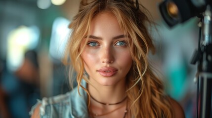 A young woman with blond hair and blue eyes stares at the camera, a blurred background., generative ai - obrazy, fototapety, plakaty