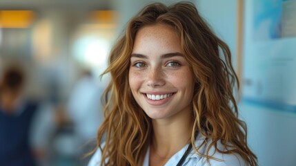 Obraz premium A young woman with curly hair and freckles is smiling in a well-lit indoor space., generative ai
