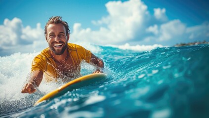 Surfer in the ocean. Happy young man surfing on a wave.