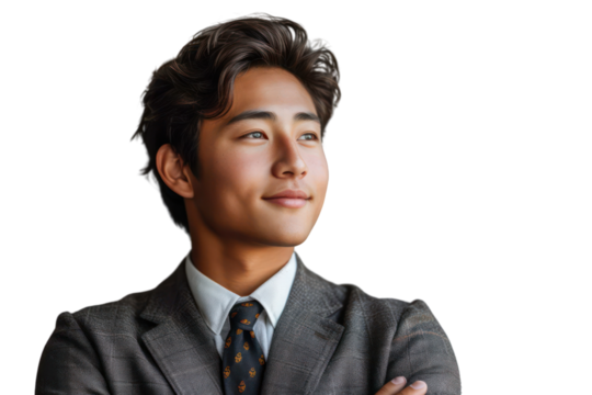 Smiling asian young man wearing a suit and tie, hugging his chest, looking off to the side, isolated on transparent background