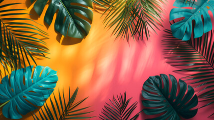 A bright and colorful tropical background featuring vibrant handpainted palm leaves Generated Ai.
