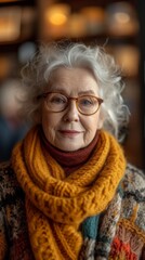 An elderly woman with grey hair, glasses, and a warm yellow scarf is smiling gently indoors., generative ai