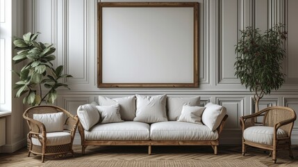 Elegant living room with a white sofa, two chairs, large blank frame, and indoor plants., generative ai