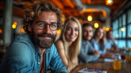 Obraz premium Group of smiling people sitting at a bar with drinks, enjoying each other's company indoors., generative ai