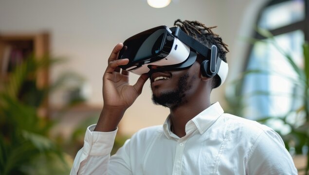 African american man using virtual reality headset in office. technology and entertainment concept