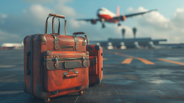 Travel luggage and airplane on the airport runway. Travel and vacation concept, Suitcases in the airport. Travel concept, plane flying on the background, AI Generated